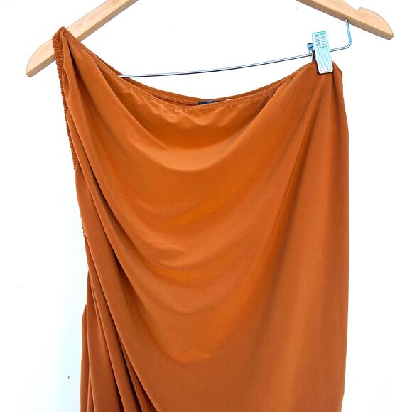 Norma Kamali Diana One Shoulder Midi Cocktail Dress Cinnamon Rust XL Orange - Picture 6 of 8